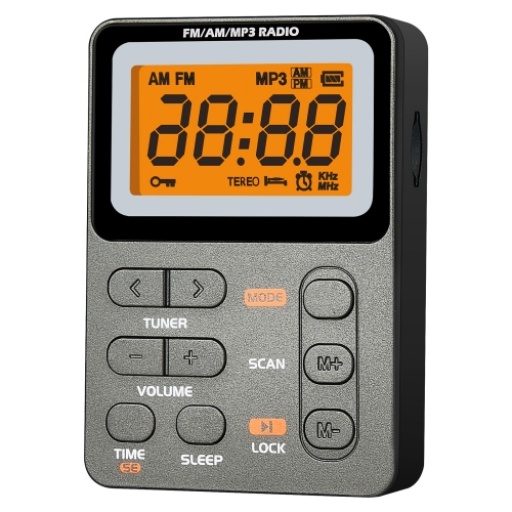 Radio AM/FM - MP3 stereo con pantalla digital multifuncional y auriculares incluidos