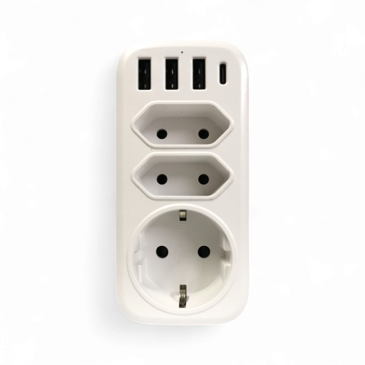 Adaptador / Cargador de pared Shucko con puertos de carga 3 USB + 1 USB-C + 1 Shucko + 2 Dos en linea