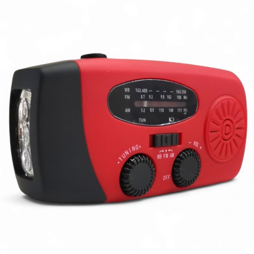 Radio AM/FM portatil recargable con Luz Solar, Dinamo y USB. Linterna y Powerbank