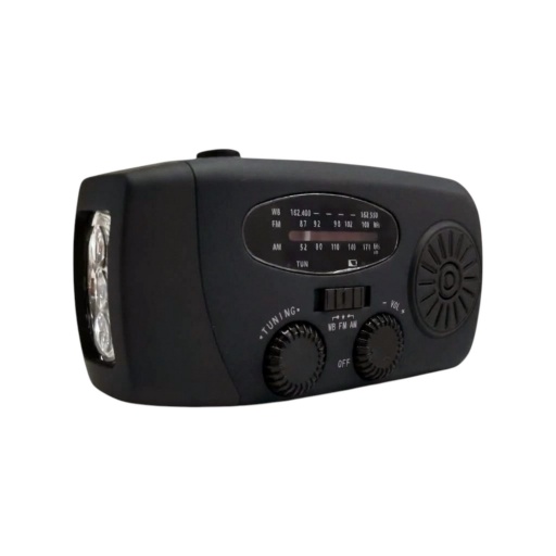 Radio AM/FM portatil recargable con Luz Solar, Dinamo y USB. Linterna y Powerbank