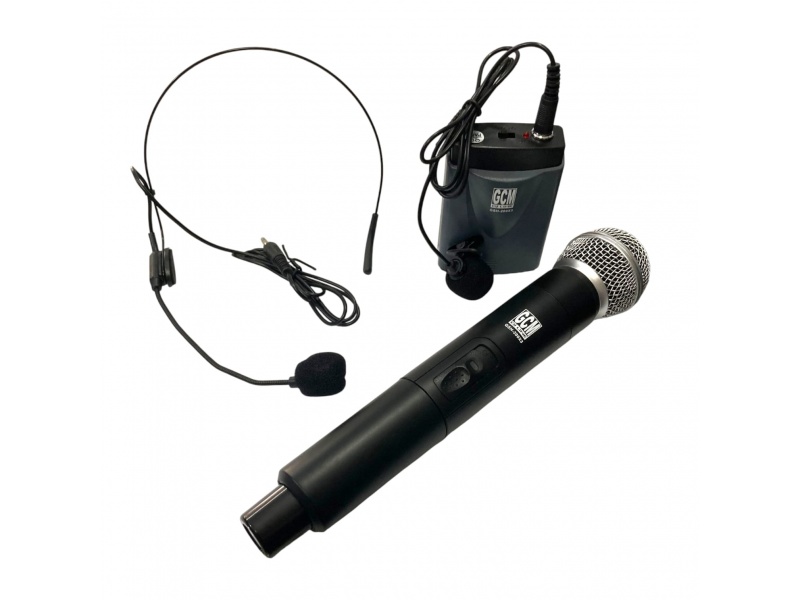 Sistema inal�mbrico doble con 3 micr�fonos profesionales VHF - Mano + vincha + solapa GCM GSH-200X3