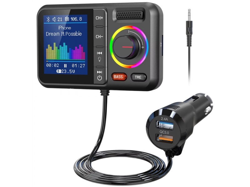 Transmisor FM Bluetooth BT98 para Auto con Pantalla TFT, Carga R�pida QC3.0/PD30W y Reproductor USB/TF