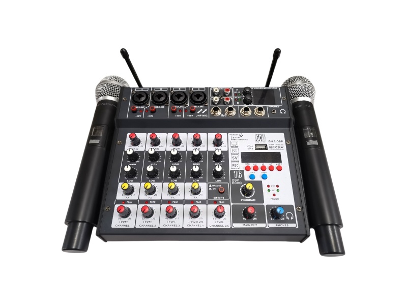 CONSOLA MIXER AUDIO 6 CANALES CON 2 MICROS INALAMBRICOS REC BT USB GMA-06P